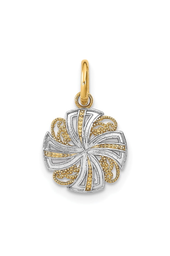 14K Yellow Gold, White Rhodium Polished Finish Filigree Beaded Mini Pinwheel Design Medallion Pendant