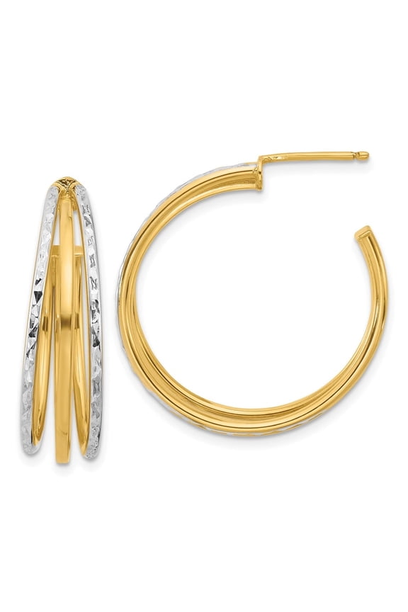 14K w/White Rhodium and D/C 3-Row Round J-Hoop Post Earrings