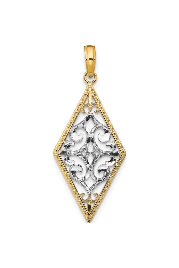 14K wRhodium Diamond Shape Cut-Out Filigree Charm Yellow Material Feminine Heirloom Lustrous Designed for those who cherish timeless beauty