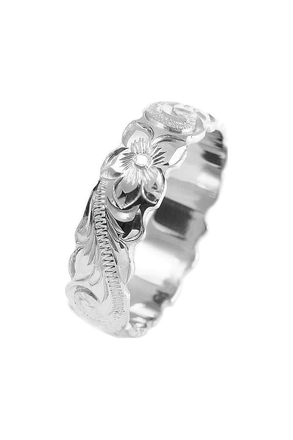 14K white gold hand engraved Hawaiian plumeria scroll band ring cut out 6mm size 2 to 14