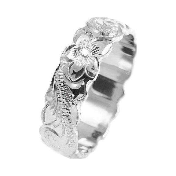 14K white gold hand engraved Hawaiian plumeria scroll band ring cut out 6mm size 3