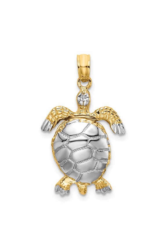 14K and White Rhodium Polished 3-D Sea Turtle with Moveable Head and Legs Charm K9266