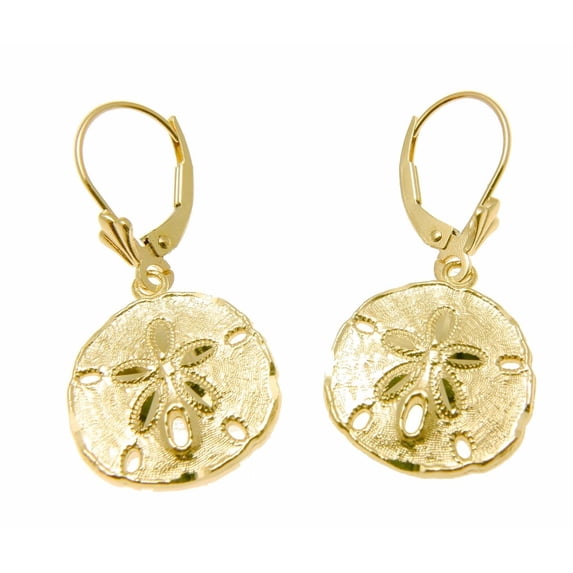 14K yellow gold Hawaiian 16mm diamond cut sand dollar dangle leverback earrings