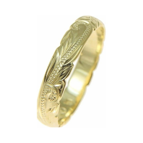 14K yellow gold custom hand engraved Hawaiian princess plumeria scroll cut out edge band ring 4mm size 10