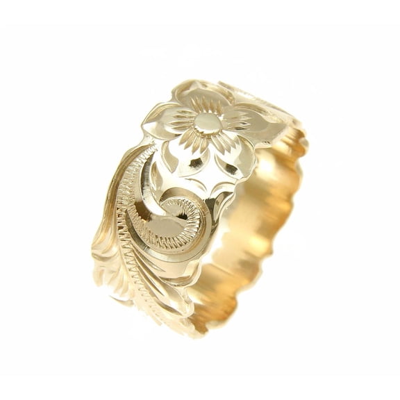 14K yellow gold hand engrave Hawaiian plumeria scroll band ring cut out edge 12mm size 3