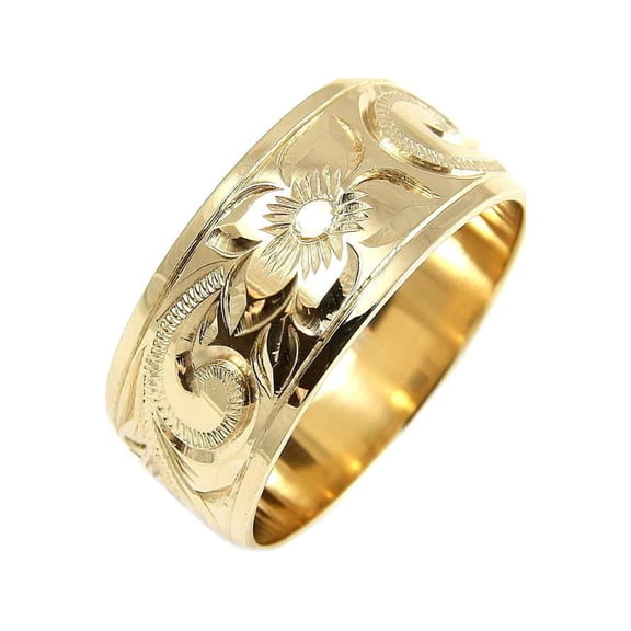14K yellow gold hand engrave Hawaiian plumeria scroll band ring smooth edge 10mm size 7