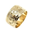 thumbnail image 1 of 14K yellow gold hand engrave Hawaiian plumeria scroll band ring smooth edge 12mm size 6.5, 1 of 4