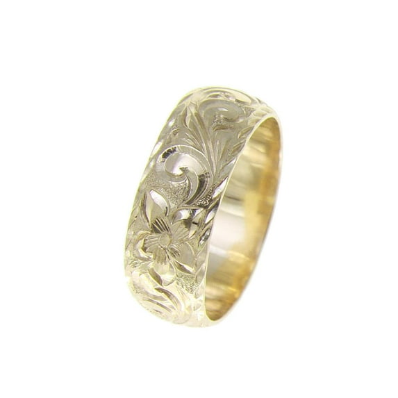 14K yellow gold hand engraved Hawaiian plumeria scroll ring diamond cut edge 8mm