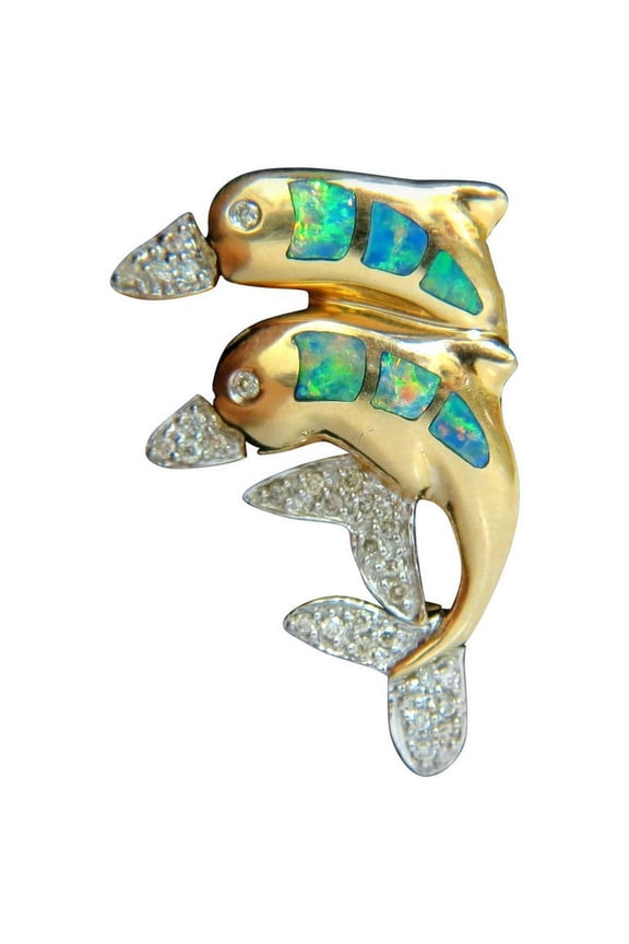 14KT .20CT DOLPHIN 3D NATURAL BRILLIANT OPAL DIAMOND BROOCH PIN