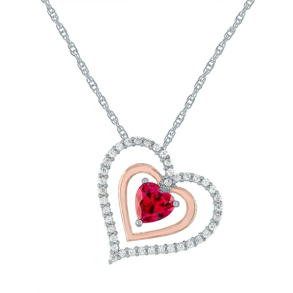 14KT GOLD Flash Plated Simulated Ruby and CZ Heart Pendant