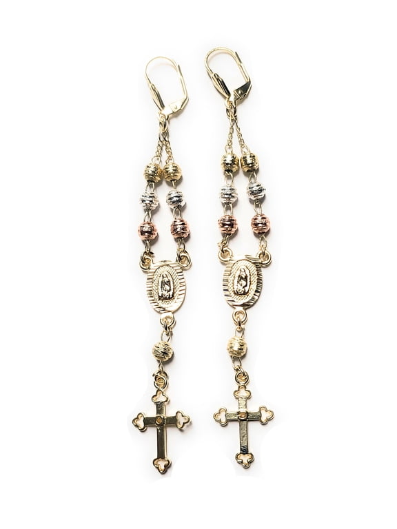 14KT GP GUADALUPE VIRGIN MARY TRI-COLOR ROSARY EARRINGS (CROSS STYLE MAY VARY)