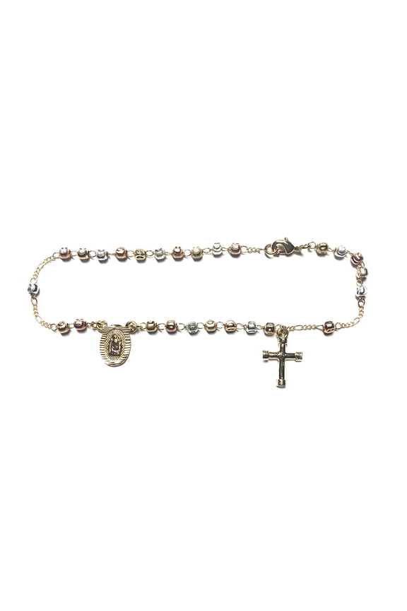 14KT GP TRI-COLOR GUADALUPE ROSARY ANKLET 10" (CROSS STYLE MAY VARY) - TOBILLERA DE ROSARIO PULSERA PARA EL PIE (ESTILO DE CRUZ PUEDE VARIAR)
