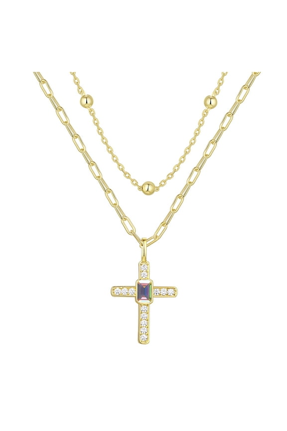 14KT Gold Flash Plated Cross Double Necklace Set with Simulated Diamonds Ladies Adult