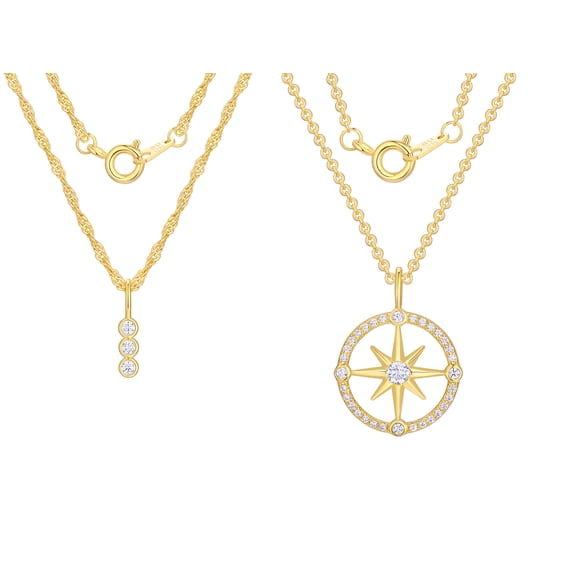 14KT Gold Flash Plated Double Necklace Set with Simulated Diamonds Adult