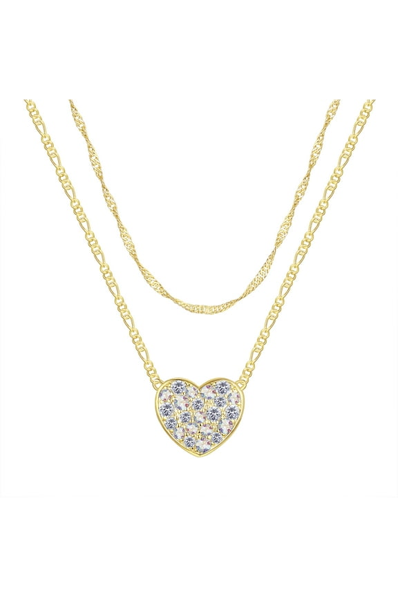 14KT Gold Flash Plated Adult Heart Double Necklace Set with Simulated Diamonds