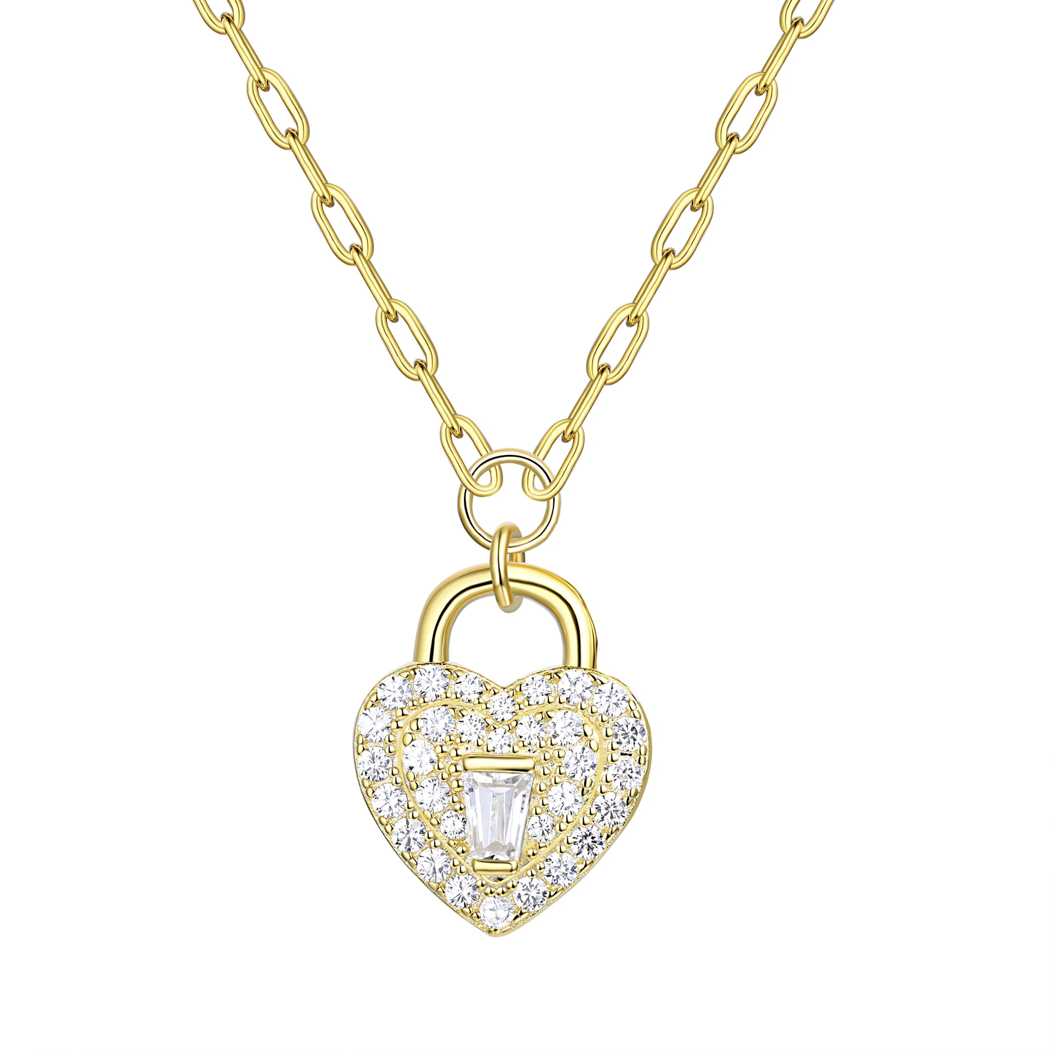 14KT Gold Flash Plated Heart Necklace with Simulated Diamonds Ladies Adult