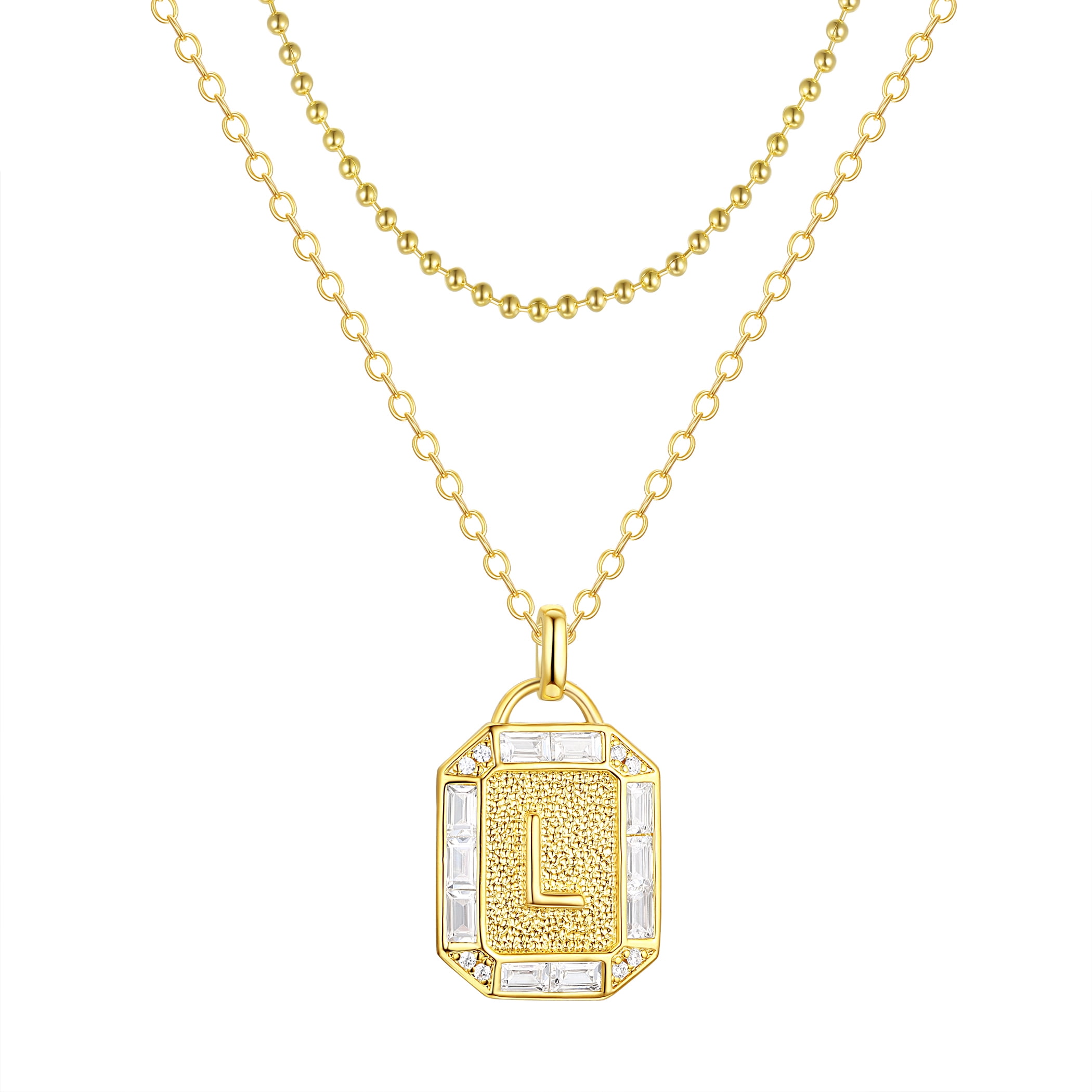 Adult 14KT Gold Flash Plated Initial Double Necklace Set with Simulated Diamonds