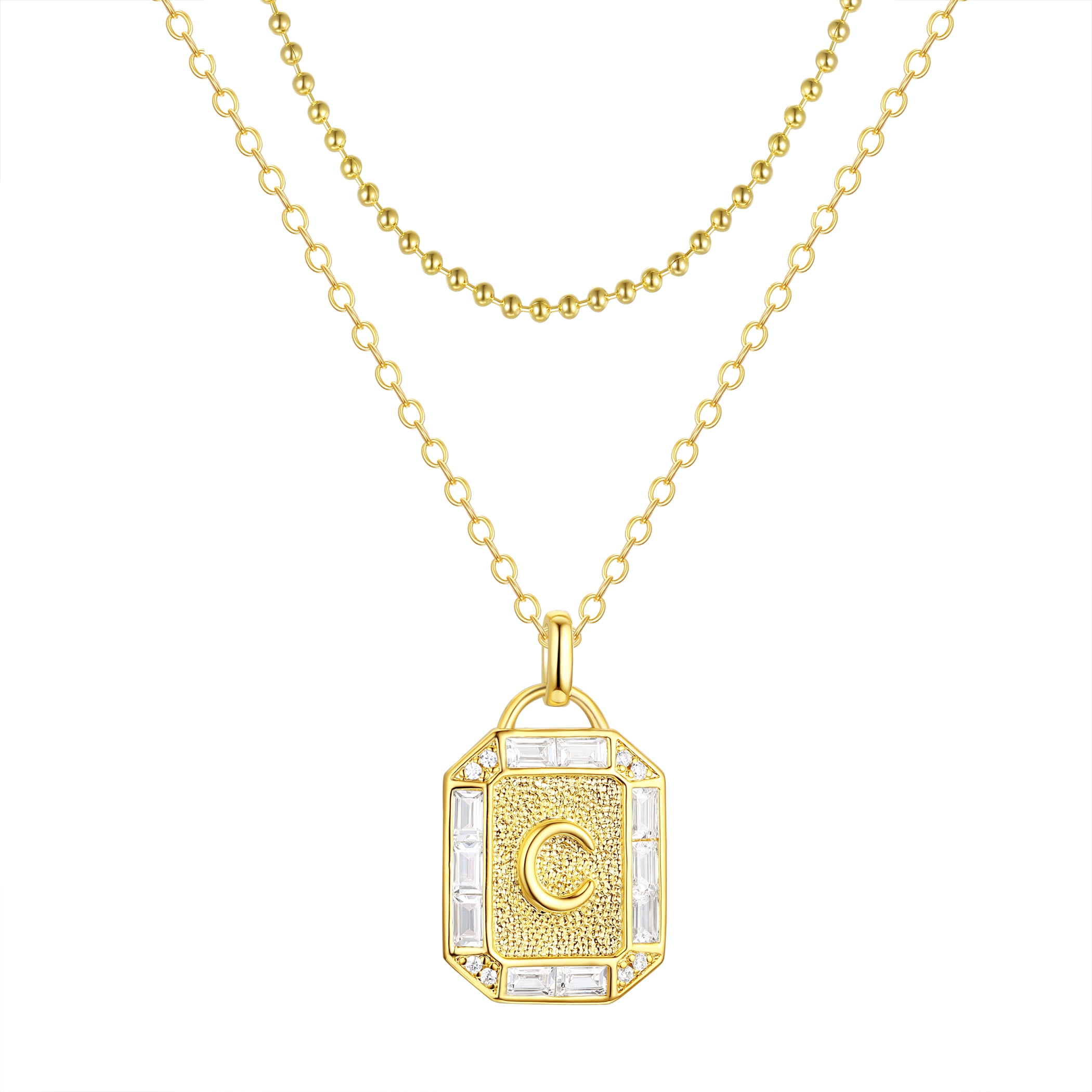 Adult 14KT Gold Flash Plated Initial Double Necklace Set with Simulated Diamonds