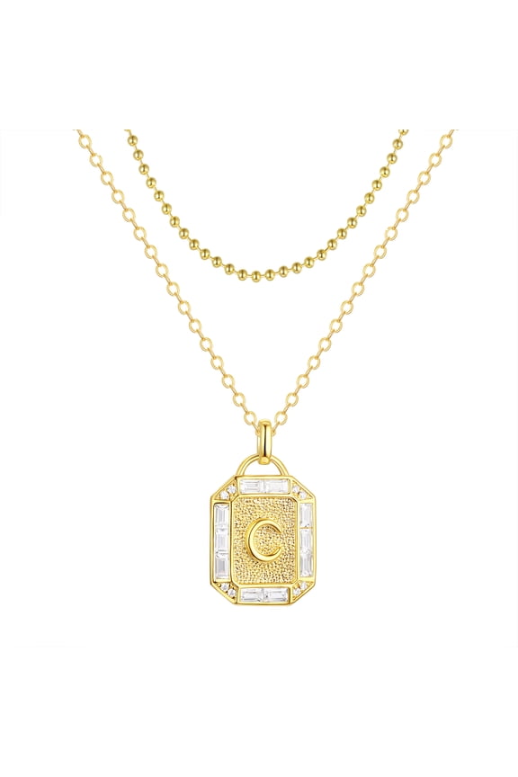 Adult 14KT Gold Flash Plated Initial Double Necklace Set with Simulated Diamonds