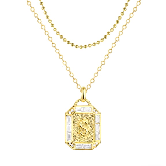 Adult 14KT Gold Flash Plated Initial Double Necklace Set with Simulated Diamonds