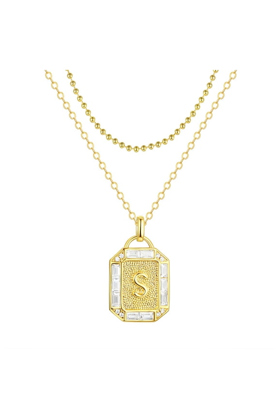 Adult 14KT Gold Flash Plated Initial Double Necklace Set with Simulated Diamonds