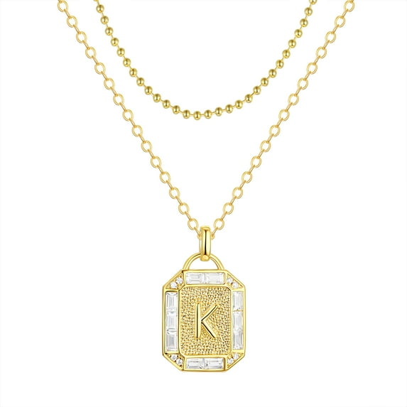 Adult 14KT Gold Flash Plated Initial Double Necklace Set with Simulated Diamonds