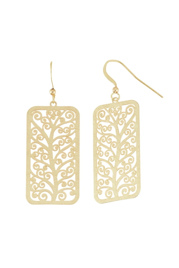 14KT Gold Plated Rectangular Shape Stamped Tree of Life Dangle Earring