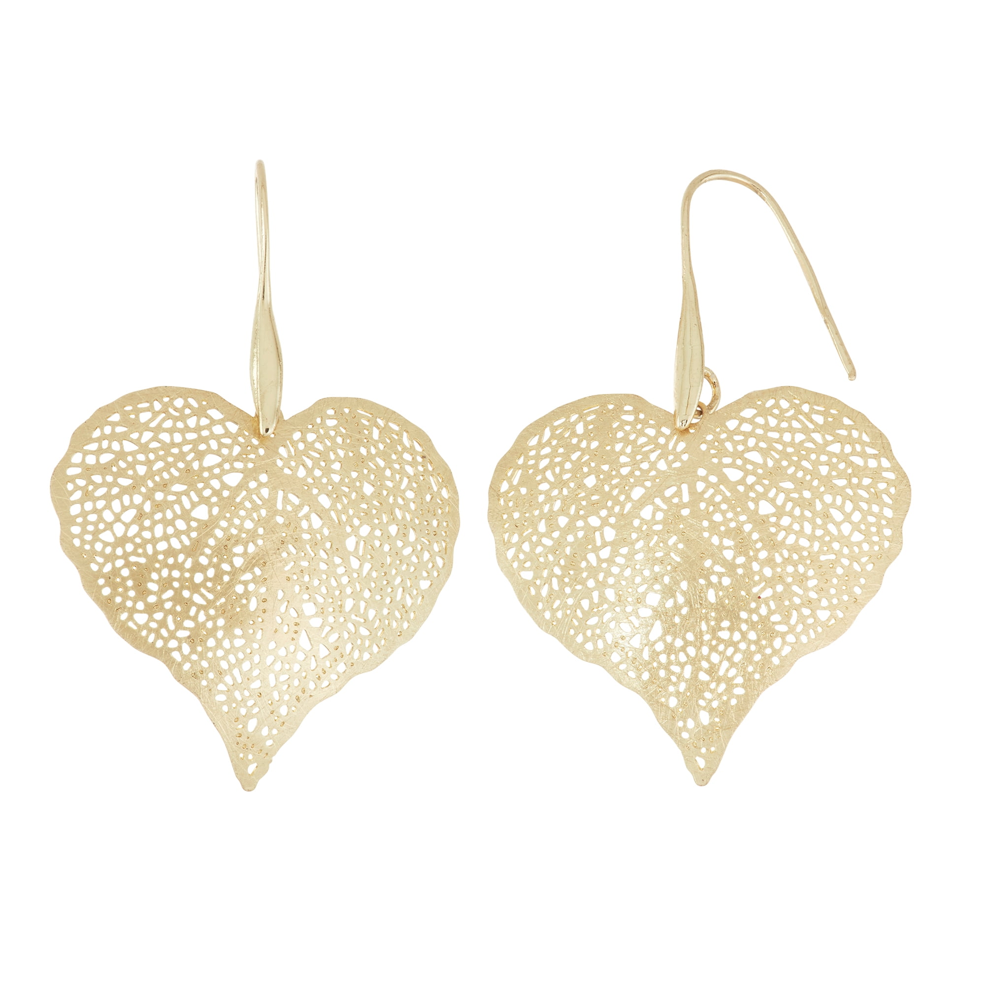 14KT Gold Plated Stamped Leaf Heart Dangling Earring