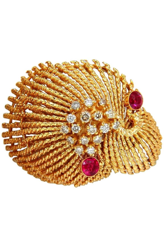 14KT VINTAGE 1.25CT DIAMOND 3D MOLLUSK SEA SHELL BROOCH PIN BARLEY TWIST