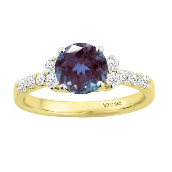14KT Yellow Gold with Color Changing Alexandrite and White Diamond Engagement Ring