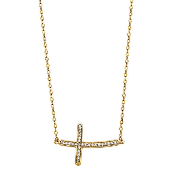 14KY CZ Side Way Cross Necklace - 17+1"