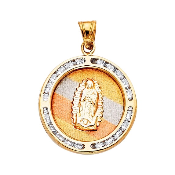 14KY Gold Cubic Zirconia Religious Guadalupe Pendant | Yellow Gold Charm Pendant for Necklace Chain | Gift for Men Women | 20 x 18 MM | 1.5 grams