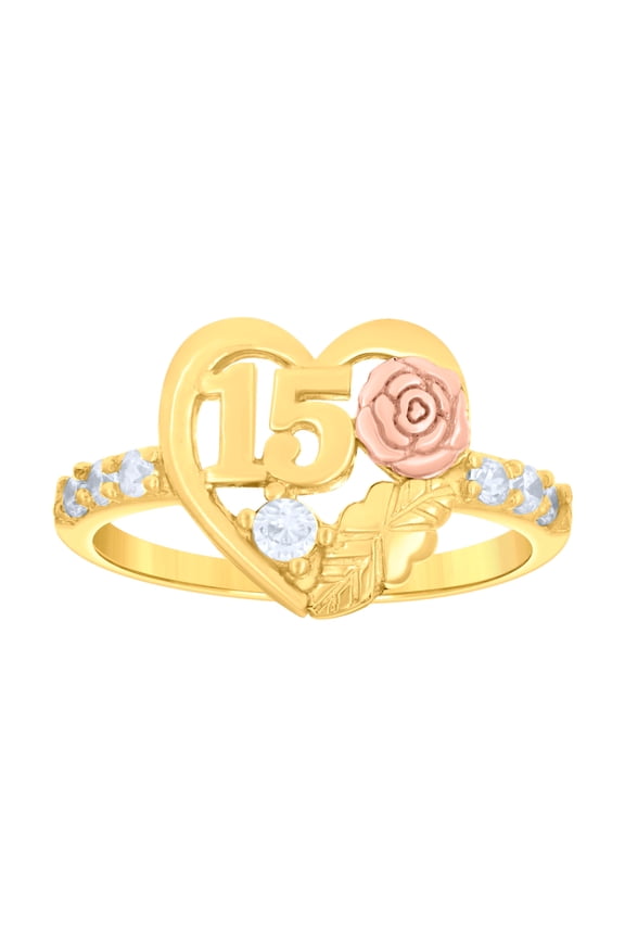 14Kt Gold Womens Tri-Color Cz 15 Anos Rose Heart Sz7 Quinceanera Bridal Anniversary Engagement Wedding Ring Band, Womens Size: 7
