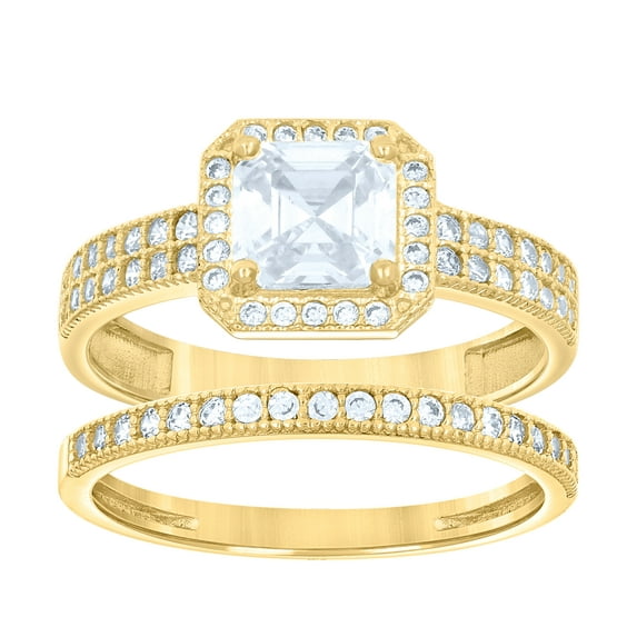 14Kt Gold Womens Two-Tone Cz Duo Center Princess-Cut Anniversary Engagement Wedding Bridal Set Band Ring, Womens Size: 7