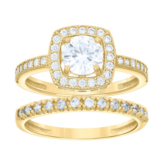 14Kt Gold Womens Two-Tone Cz Duo Square Head Center Stone Anniversary Wedding Engagement Bridal Set Ring, Womens Size: 7