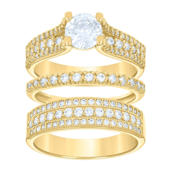 14Kt Gold Womens Two-Tone Cz Trio His Hers Center Stone Princess-Cut Anniversary Engagement Wedding Bridal Set Band Ring, Women's Size: 7