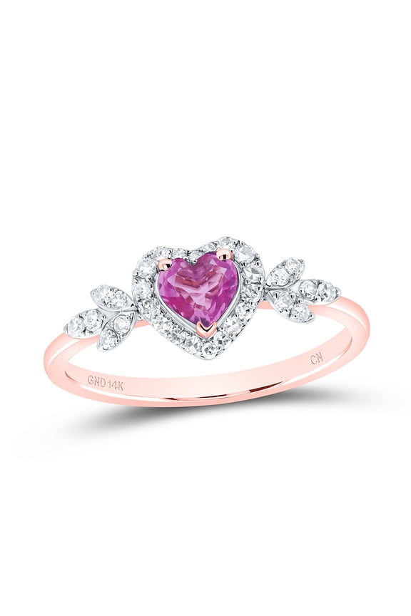 14Kt Rose Gold 1/5Ctw Diamond Cn 4.5MM Pink Sapphire Natural Gem Heart Ring, Size 7.5