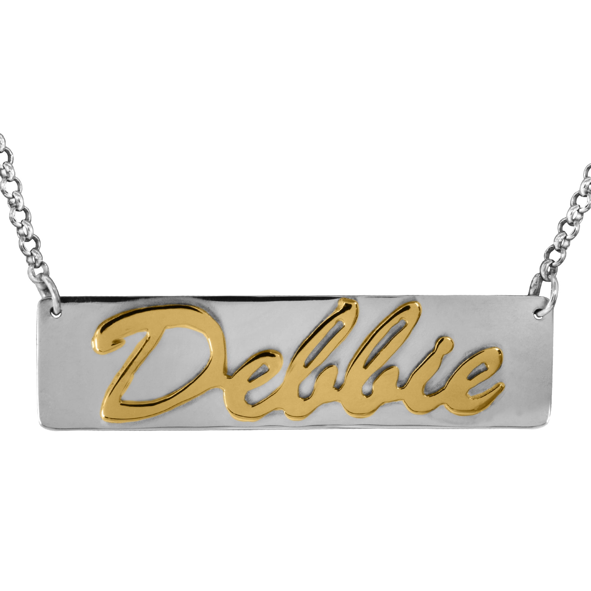 14Kt Solid Gold & Sterling Silver Personalized Script Name Necklace with Sterling Silver Rollo Chain