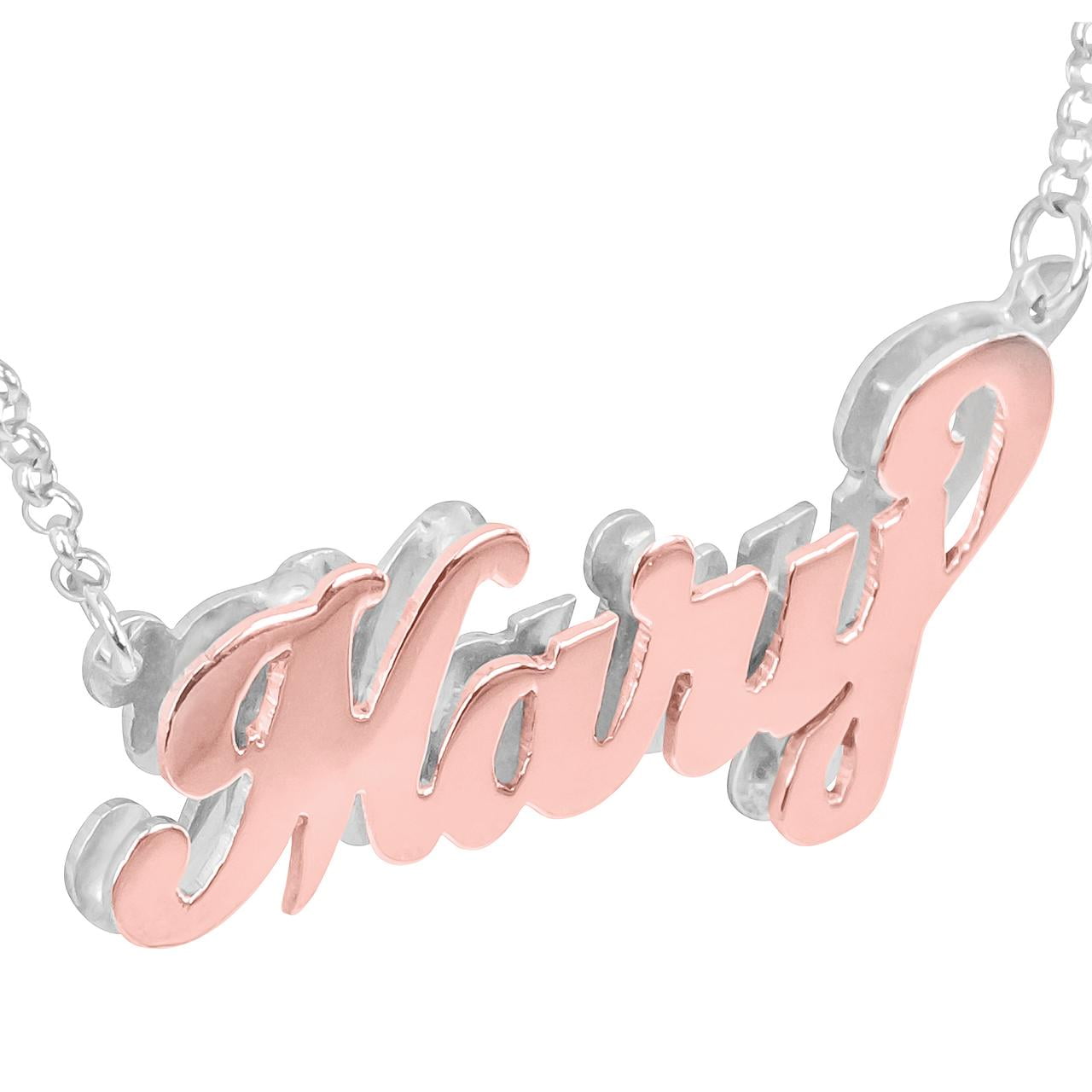 HEIGHTS JEWELERS 14Kt Solid Rose Gold & Sterling Silver Personalized Double 3 D Name Necklace with Sterling Silver Rollo Chain