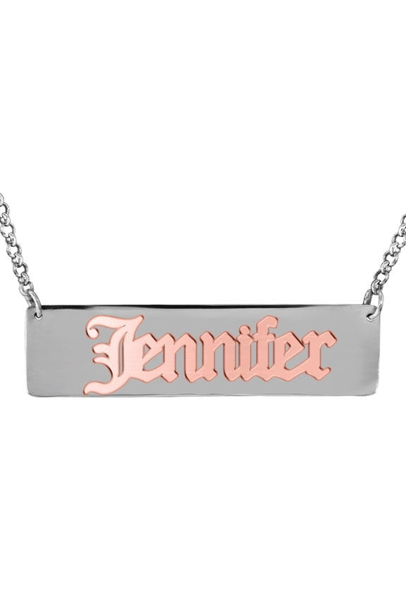 14Kt Solid Rose Gold & Sterling Silver Personalized Old English Name Necklace with Sterling Silver Rollo Chain