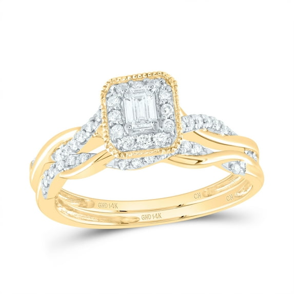 14Kt Yellow Gold 1/3Ctw Natural Diamond Cn Emerald Single Halo Bridal Set, Size 6