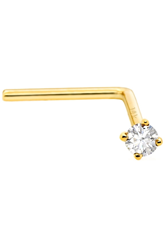 14Kt Yellow Gold L-Shape Bend Nose Stud with Genuine 1.5mm Diamond 22G Nose Ring Stud Unisex - April Birthstone -LSYG-WD1.5