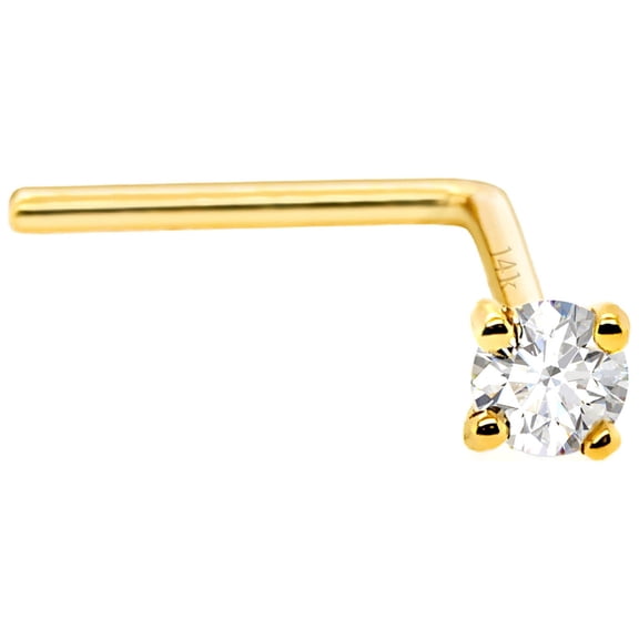 14Kt Yellow Gold L-Shape Bend Nose Stud with Genuine 2mm Diamond 22G Nose Ring Stud Unisex - April Birthstone -LSYG-WD2