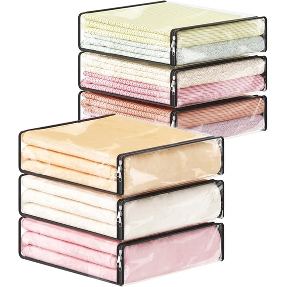 14L Clear Sheet Storage Bags with Zipper 6 Pack, Plastic Sweater Storage Bins for Clothing, Vinyl Foldable Clothes Containers Organizers for Closet, Blankets, Bedding 15.7 x 13.8 x 3.9 Inch