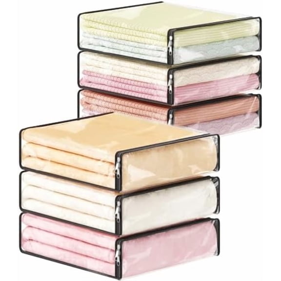 14L Clear Sheet Storage Bags with Zipper 6 Pack, Plastic Sweater Storage Bins for Clothing, Vinyl Foldable Clothes Containers Organizers for Closet, Blankets, Bedding 15.7 x 13.8 x 3.9 Inch