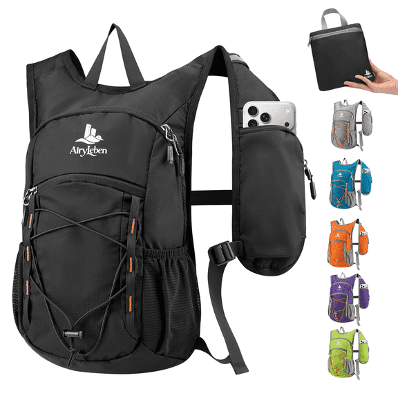 14L Small Hiking Backpack,Black Lightweight Packable Travel Daypack for Men Women | Quick Phone Pocket, Breathable Material, Water Resistant, Adjustable Straps, Emergency Whistle, Commuting Cycling