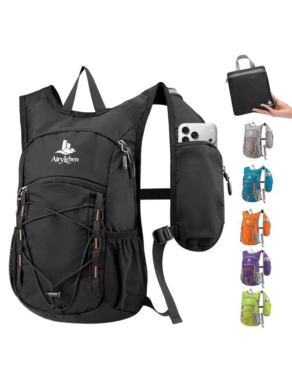 14L Small Hiking Backpack,Black Lightweight Packable Travel Daypack for Men Women | Quick Phone Pocket, Breathable Material, Water Resistant, Adjustable Straps, Emergency Whistle, Commuting Cycling