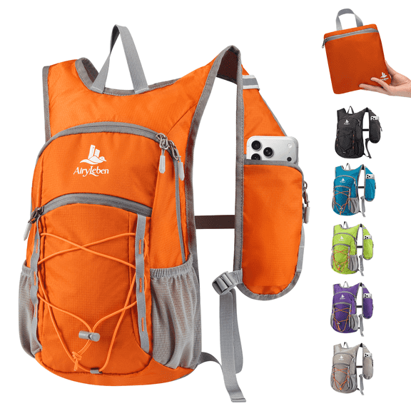 14L Small Hiking Backpack,Orange Lightweight Packable Travel Daypack for Men Women | Quick Phone Pocket, Breathable Material, Water Resistant, Adjustable Straps, Emergency Whistle, Commuting Cycling
