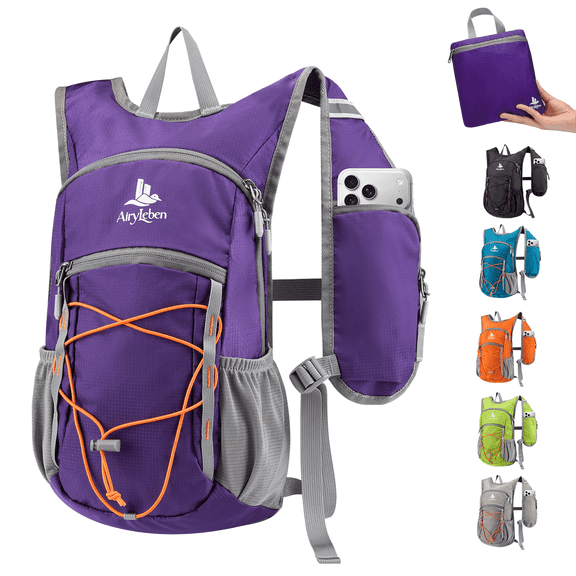 14L Small Hiking Backpack,Purple Lightweight Packable Travel Daypack for Men Women | Quick Phone Pocket, Breathable Material, Water Resistant, Adjustable Straps, Emergency Whistle, Commuting Cycling