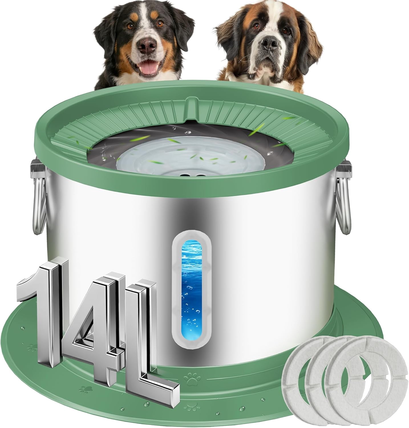 14L No Spill Dog Water Bowl, Stainless Steel Spill Proof Dog Bowl with Water Window, Dual-Suction Anti-Slip Large Capacity Slow Drinking Bowl with Floating Disk for Large Dogs & Messy Drinkers